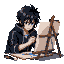 Pixel Art: Kirito drawing on a canvas with a Japanese brush, He has black hair, and at the end of the locks on his forehead in a gray gradient at the ends, very lightly. (generated with AI by Lysgon Manticore).