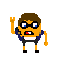 Orange-skinned character with brown hair, large blue-eyed glasses, dark blue vest, white shirt, and black shorts, mouth agape with tongue out, one arm raised.
