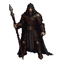 A cloaked and hooded figure grips a gnarled staff, wearing layered leather and metal armor.