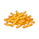 A pile of golden-brown, pixelated french fries.