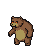Menacing brown bear in a defensive crouch, with glowing orange eyes and a tan belly patch.