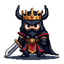 Stern, dark king in hooded armor with crimson and gold accents, wearing a horned crown with a red gem. He has narrowed eyes, a dark beard, and grips a silver sword.