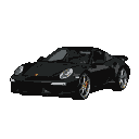 A black Porsche viewed from a three-quarter front angle, rendered in chunky pixels with orange brake calipers.