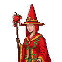Strawberry archmage in crimson robes with green vine accents and golden trim, wearing a tall, pointed hat topped with a ruby, holding a staff topped with a cluster of strawberries.