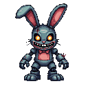 Anthropomorphic rabbit character with metallic gray-blue body, large pointed ears, glowing orange eyes, and a wide, toothy grin. It wears a pink bowtie and chest plate.
