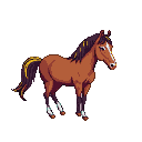 A bay horse with a pixelated auburn coat, shadowy purple mane and tail with gold streaks, and white leg markings, stands alert against a black background.