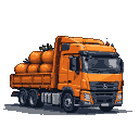 Orange truck with cargo bed full of round orange objects.