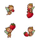 Four whimsical pixel art sprites of a winged pixie interacting with red strawberries: one eating a strawberry, one sitting on a large strawberry, one holding a strawberry aloft, and one resting with a strawberry.