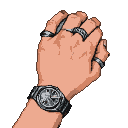 A clenched fist wearing chunky silver rings and a detailed Hublot watch against a black background.