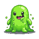 A cheerful green slime monster with a wide grin, tongue lolling, and lighter green bubbles on its body.