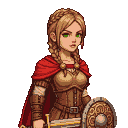 Young woman warrior with braided blonde hair, green eyes, red cape, holding a sword and ornate shield.