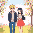 Young couple holding hands in a romantic outdoor setting with pink hearts and stylized trees.