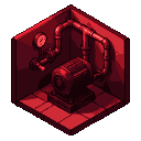 Isometric industrial water pump room with a central electric motor, pipes, pressure gauges, and handwheel valves, illuminated by an ominous red glow.