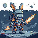 Anthropomorphic rabbit in a grey and orange robotic suit with a helmet, ears, and backpack, standing on rocky alien terrain and holding a glowing fiery sword and spear against a dark, star-speckled cosmic background.