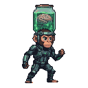 Cybernetically enhanced monkey with a glowing green brain in a jar on its head, wearing a dark suit with green accents.