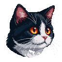 Black and white cat head with intense, glowing orange eyes, pink nose, and whiskers. Scattered white pixels suggest a puff of breath.