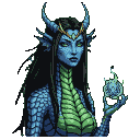 Regal dragon queen with blue skin, green eyes, golden horns, tiara, and flowing dark hair, wearing blue and green scaled armor and a segmented collar, holding a glowing blue energy orb.