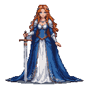 Regal figure with auburn hair and determined eyes, wearing a blue gown with white accents and silver pauldrons, holding a longsword planted before her.