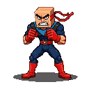 Fighter in a dark blue suit with red accents, clenched fists, and a light brown cube head, in a ready stance.