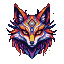 Stylized fox face with piercing yellow eyes, adorned with intricate psychedelic patterns of electric blue, orange, purple, and white.