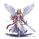 Majestic angel with white and gold armor, outstretched feathered wings, and a glinting holy sword.