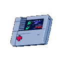 Retro gaming console with a light gray casing, red directional pad, and a screen displaying abstract green pixelated figures, purple geometric shapes, and a red bar.