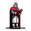 Templar knight in white robes and crimson cape, reading a red-bound book.