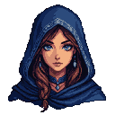 Young woman with auburn braided hair and striking blue eyes, wearing a deep blue hooded cloak, looking to the side.