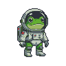 A small, green frog in a pixelated white spacesuit with a helmet and backpack.