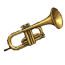 A gleaming brass trumpet, positioned diagonally with its bell facing upwards and to the right, against a black background.