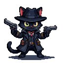 Pixel Art: blak cat detective holding gun (generated with AI by sandacz).