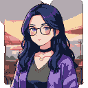 Young woman with long, wavy dark blue and purple hair, fair skin, and round glasses, wearing a V-neck shirt, purple jacket with stripes, and a heart pendant choker.