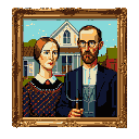 A pixel art portrait of a couple in a golden frame, a woman in a dark dress with a white collar and a man in a suit with glasses, beard, and holding a pitchfork, set against a simplified rural house and trees.