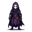 Pixel Art: pixel art game character, hooded warrior, white cracked mask...