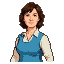 Pixel art portrait of a middle-aged woman with short brown hair, smiling, wearing a cream collared shirt and a teal vest.