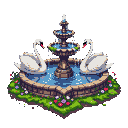 Pixel Art: A heart-shaped fountain with swan sculptures, surrounded by moss and flowers. (generated with AI by Alouka).