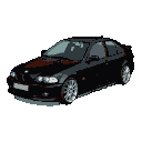 A black 2010 BMW E92 M3 in pixel art, viewed from a three-quarter front angle against a black background.