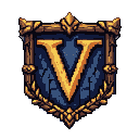 Golden letter "V" on a dark blue, stone-textured shield with ornate gold border.