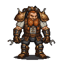 A stout, red-bearded dwarf in steampunk armor with brass and leather accents, holding wrenches.