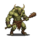 Green-skinned minotaur with formidable horns, snarling maw, and pixelated eyes, gripping a spiked club and a wooden staff.