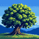 A large, ancient tree with a textured green canopy stands on a grassy hill, with hazy blue mountains in the background under a bright sky.