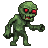 Hunched green zombie with glowing red eyes and an open mouth revealing jagged teeth, one arm outstretched.