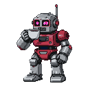 Metallic grey robot with red plating, glowing pink digital eyes, holding a steaming white coffee mug.