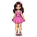 Young woman with flowing brown hair, wearing a pink bow, delicate earrings, a vibrant pink dress with a flared, pleated skirt, and strappy pink heels.