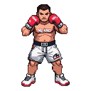 Muscular boxer in fighting stance, wearing white shorts with blue and red accents, red gloves, and white and red shoes. "MILANO" is on his chest.