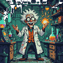 Pixel Art: A wild-eyed mad scientist with frizzy hair, oversized glasse...