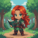 Young woman with red hair and green eyes, wearing a green tunic, reads a book on a forest path.