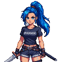 Young woman with vibrant blue hair in a high ponytail, wearing a dark t-shirt with "OVERDOSE" and denim shorts, holding a sword and poised for action.