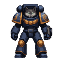 A wolf-headed Space Marine in dark blue power armor with gold accents, featuring green eyes and golden aquila wings on the chest and pauldrons.