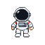 Astronaut in a white suit with red accents stands in a dark void.